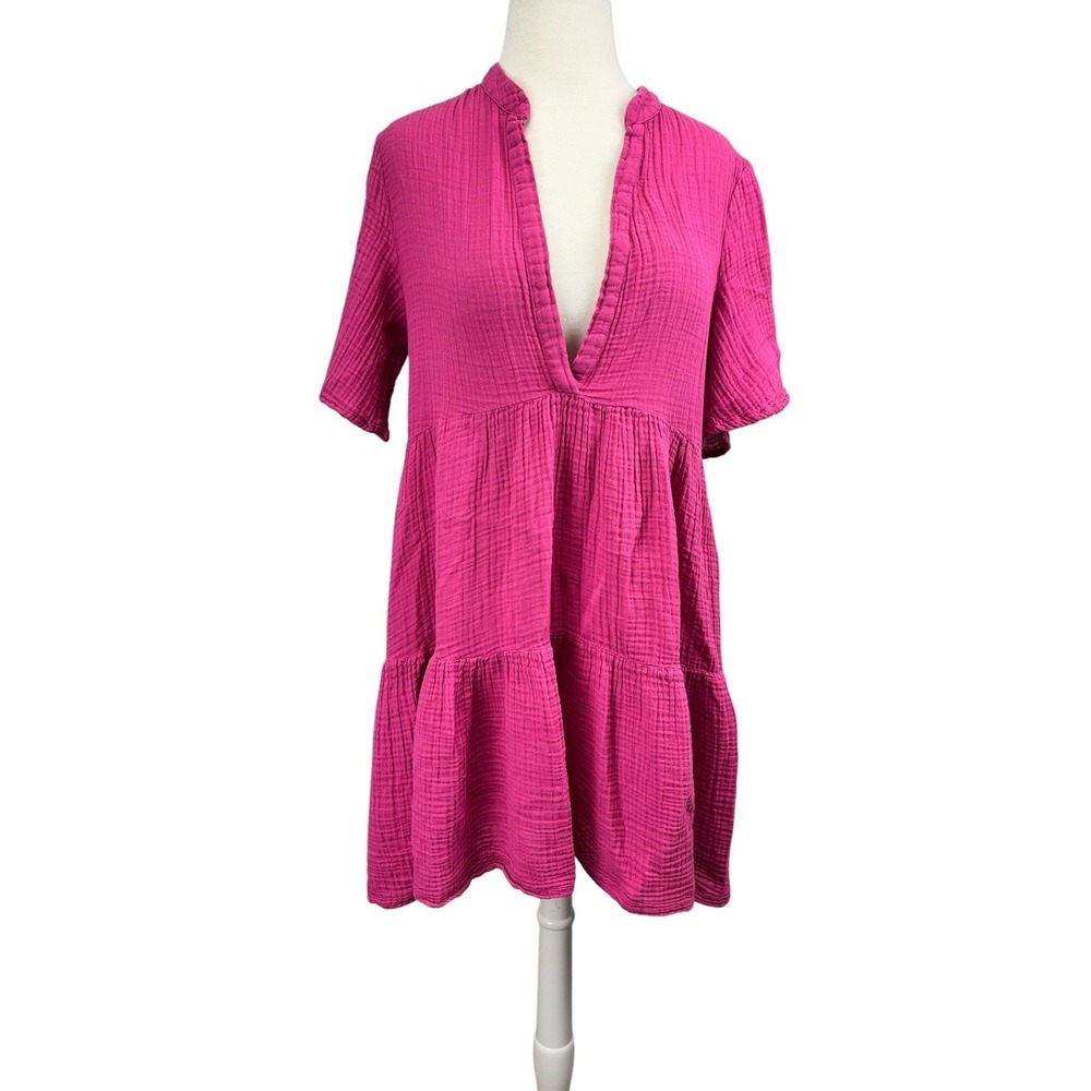 Anthropologie Kallie Flowy Tunic Dress‎ Pink Small Tiered Mini Short Sleeve